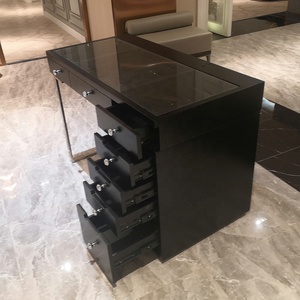 Hiện đại Hollywood phong cách bàn trang điểm màu đen bóng sơn hàng đầu bề mặt kính 7 ngăn kéo và không gỉ Bạc Chân trang điểm Vanity - Product Image 5