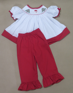 Girls Hand Smocked White <b>Christmas</b> <b>Dress</b> Santa Claus Tree Embroidery Puff Sleeve Red Trim Toddler Holiday Clothes - Product Image 6