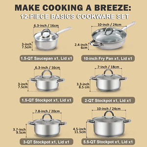 12 PCS Cooking <b>Pots</b> <b>and</b> <b>Pans</b> Frying <b>Pan</b> Stock <b>Pot</b> Sauce <b>Pan</b> <b>Stainless</b> <b>Steel</b> Cookware Set - Product Image 2