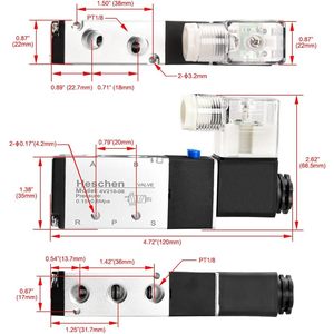 Válvula Neumática Eléctrica Heschen 4V210-06 220VAC de 5 Vías y 2 Posiciones, Bobina Simple PT1/8, Aluminio - Product Image 2