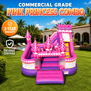 Château gonflable interactif Princesse Rose avec toboggan, en PVC 0,55 mm, capacité supérieure à 500 kg, garantie <span class=keywords><strong>3</strong></span> ans, dimensions 18x16,4x11,5 pieds - Product Image 1