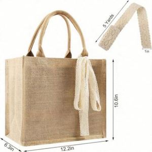 Hot Selling Custom Logo Jute Tote <b>Bag</b> with <b>Long</b> Handle Recyclable Waterproof Beach and Travel Groceries Letter Pattern - Product Image 2