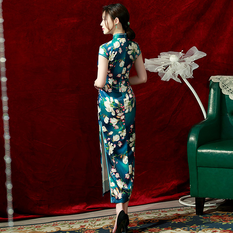 Spring New Green Elegant Vintage Women Chinese Traditional Qipao Cheongsam  Floral Chiffon Floor-Length Empire Waist Long Dress