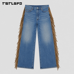 Pantalones vaqueros de mezclilla de pierna ancha con flecos estilo desierto, lavado vintage, pesados, con borlas laterales estilo western, para venta al por mayor - Product Image 2