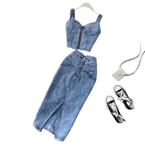 2025 di vendita calda da donna 2 pezzi in Denim con motivo solido Casual gonna Midi con bottone Design gonna di jeans a matita primavera - Product Image 1