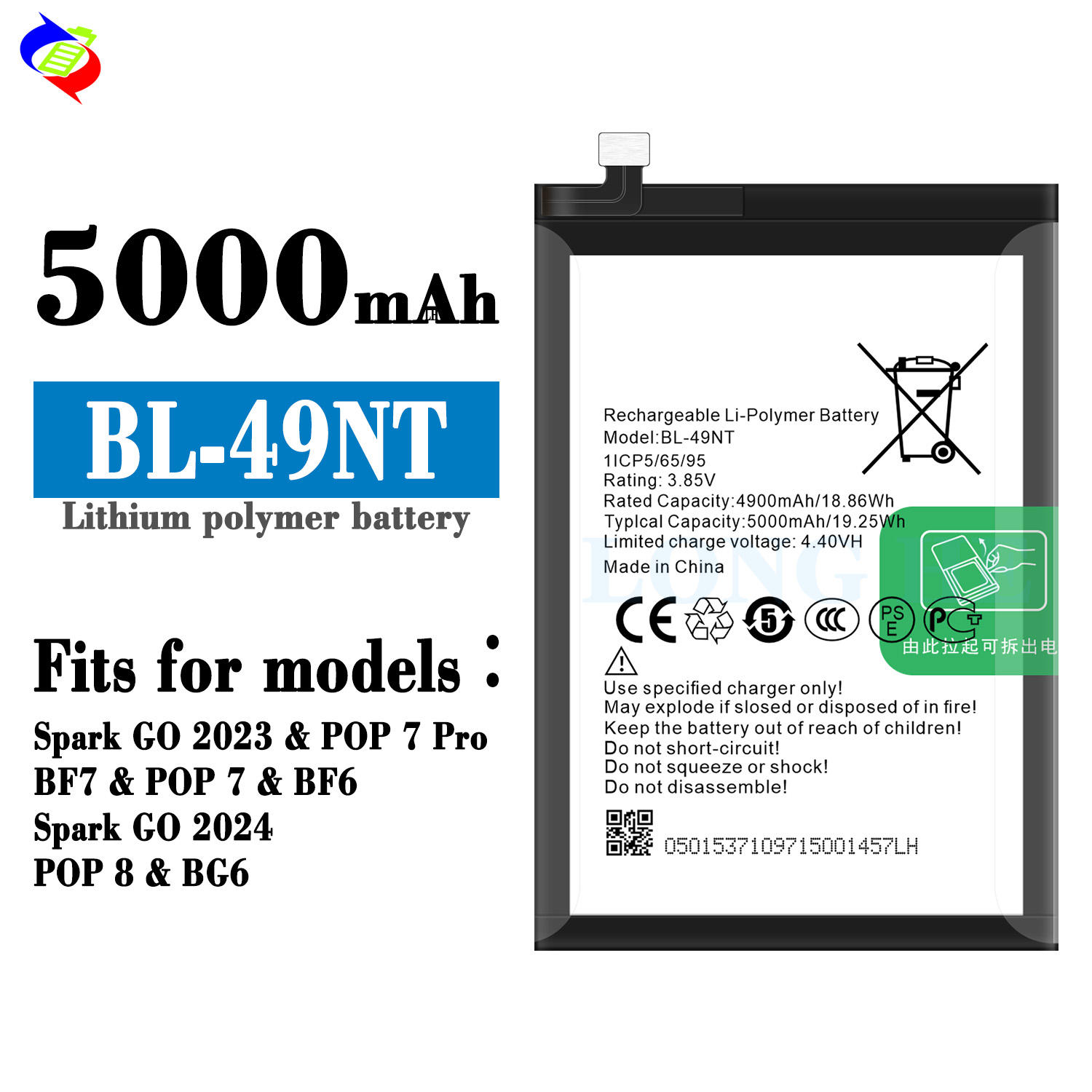 Lithium Mobile Phone Battery BL-49NT for Tecno Spark GO 2023 POP PRO  Rechargeable Batteries