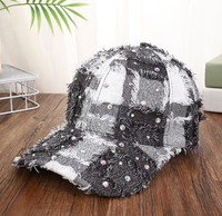 Casquette de baseball unisexe à strass scintillants et à carreaux, style trucker effiloché et vieilli, avec paillettes, réglable, pour les fêtes et le quotidien