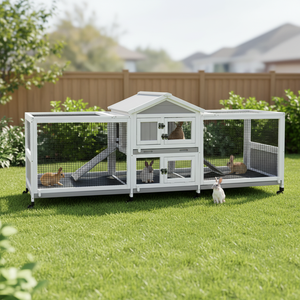 Double cage à lapins d'extérieur/intérieur à 2 étages en <span class=keywords><strong>bois</strong></span> avec 4 plateaux étanches, 8 roues, toit imperméable, montage facile - Product Image 1