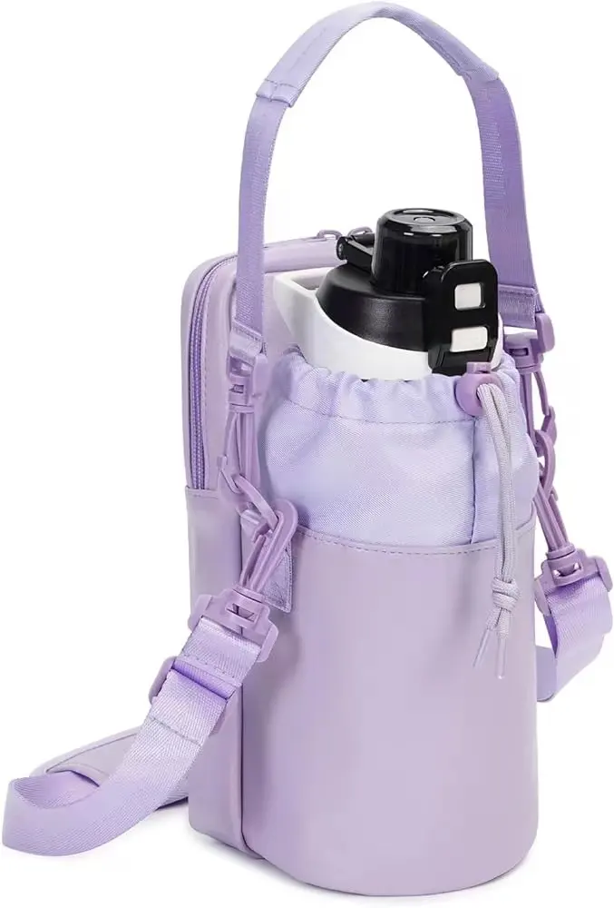 custom drawstring sport PU leather fashion 40 oz unisex school gym hiking cross body water bottle holder with phone pocket bag