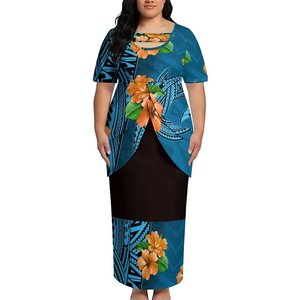 Gaun Wanita Gaya Pulau Pasifik Dua Potong Atasan dan Rok Maxi Set Pola Puletasi Gaun Maxi Kerah O Lengan Pendek - Product Image 3