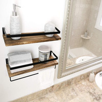 Étagères de salle de bain en bois au-dessus des toilettes avec barre porte-serviettes, panier de rangement pour papier, étagère flottante murale