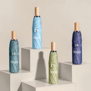 Parapluie pliant chinois haut de gamme à 3 sections, 8 baleines, manche en bois, résistant au vent, avec support en fibre et cordon de transport - Product Image 1