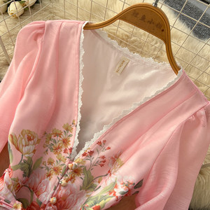 Vestido de Mujer con Cuello en V, Estampado Floral, Manga Larga, Cintura Ajustada, Estilo A-Line, Casual de Oficina, Plisado y Elegante - Product Image 5