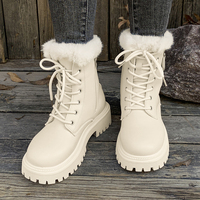 Bottines d'hiver pour femmes avec col en fausse fourrure, lacets, fermeture éclair latérale, semelle plateforme épaisse, doublure en polaire, couleur beige et noir