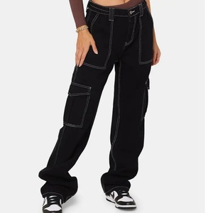 Pantalon décontracté taille haute classique à poches, coupe large, en jean pour femme, style baggy boyfriend, pantalon cargo en jean - Product Image 2