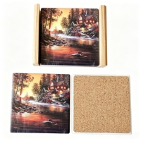 Offre Spéciale – Sous-verres en céramique personnalisables imprimés UV, motif cabane de montagne et lac, motif coucher de soleil forêt rustique, résistants à la chaleur et antidérapants pour table