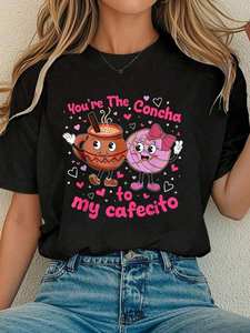 T-shirt da donna Youre The Concha To My Cafecito per amanti del caffè, girocollo, vestibilità regolare, stampa nera, abbigliamento casual, San Valentino - Product Image 3