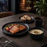 Service de table en céramique de luxe noir mat personnalisé avec logo, 16 pièces, assiettes, bols, tasses, résistant au lave-vaisselle et au four, pour hôtels