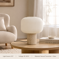 Lampe de table en pierre de travertin nordique avec abat-jour en verre opale côtelé, prise personnalisée, lumière de table de luxe pour projet hôtelier et villas