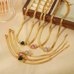 European American Style Heart Shaped Zircon Necklace 18K Gold Stainless Steel <b>Bracelet</b> <b>Set</b> Women's Everyday Wear Jewelry - Product Image 2