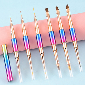 Pinceau à ongles double face en gel avec manche métallique arc-en-ciel, pinceau de précision 3D pour acrylique, tête oblique ronde, pour manucure et nail art en salon - Product Image 4