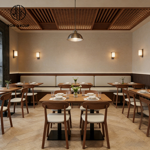 Juego de Mesa y Sillas de Madera Cuadradas para Restaurante o Cafetería de Comida Rápida, con Asientos Tapizados en Cuero Estilo Madera Natural Moderna - Product Image 2
