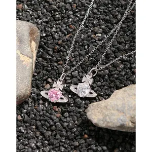 Factory Direct Cherry Blossom Powder Heart Zircon Pendant Cross Chain Necklace Women's Fine Jewelry 925 Sterling Silver Necklace