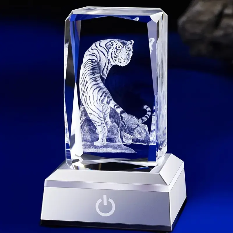 Cubo láser 3D para decoración de mesa cristal Zodiaco Tigre estatuilla lámpara de noche