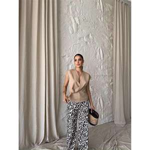 Blusa sin Mangas con Detalle de Lazo Lateral, Bordada, con Volantes, Corte Holgado, Estilo Vintage Beige para Mujer, Talla XL, Primavera/Otoño, Hecha de Viscosa - Product Image 2