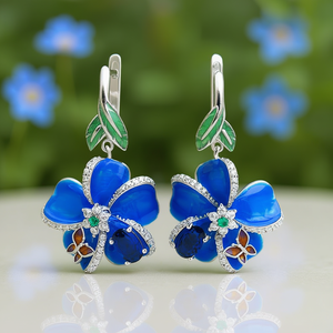 Orecchini pendenti a forma di fiore blu placcati in argento con zirconi per donna, gioielli da festa, stile romantico, orecchini alla moda in lega. - Product Image 2