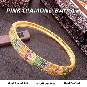 Bracelet jonc tendance en acier inoxydable plaqué or 18 carats, élégant et luxueux, avec fermoir en zircon rose en forme de losange, ne se décolore pas - Product Image 2