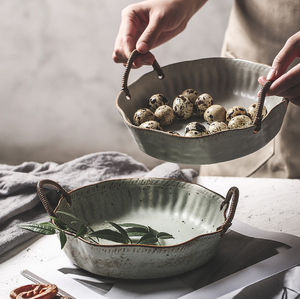 Household Retro Stoneware Double Rope Portable Ceramic Tableware White Plate - Product Image 4