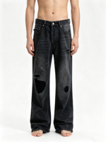 Jean en denim pour homme, coupe droite, délavé vintage, avec déchirures et patchs, vente en gros pour vêtements streetwear personnalisés