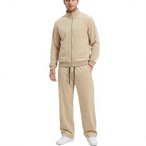 Men's Beige 2-Piece Lightweight Sweatshirt Set Solid Color Fleece Track Suit Casual Autumn Wear 100% Cotton French OEM Service - Product Image 1