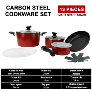 Ensemble de casseroles en acier au carbone antiadhésif 13 pièces, poêle, <span class=keywords><strong>casserole</strong></span>, faitout, poignée <span class=keywords><strong>amovible</strong></span> pour cuisinière à gaz et à induction - Product Image 4