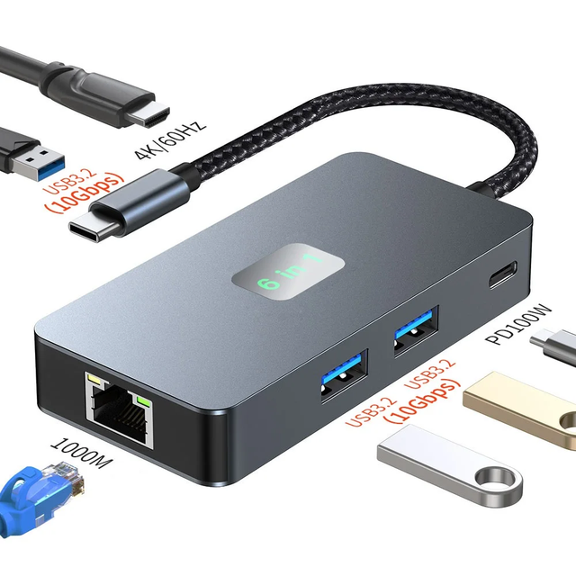 6 Port Usb c Hub 4K 60hz HD Ethernet RJ45 1000Mbps PD 100W Display Docking Station 6 in 1 Type c Hub