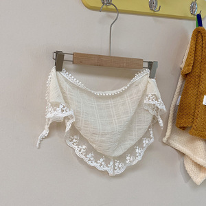 Bordado francés Flores Beige Head Wrap Bandanas Seda Triángulo Bufanda Diadema Encaje Banda para el cabello Pañuelo para la cabeza - Product Image 4