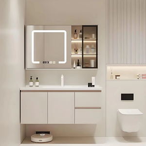 Meubles de salle de bain en bois massif blanc moderne, design gratuit d'usine, meubles de salle de bain à poser au mur, lavabo simple - Product Image 1