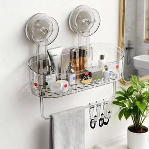 Bathroom Storage Shelf Suction Mounted Oval Durable Wall Mount For Cosmetics And Toiletries - Product Image 1