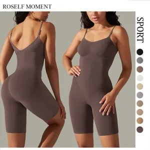 Roself Moment Romper Yoga olahraga bergaris, Jumpsuit Tank Top tanpa kelim satu potong leher V