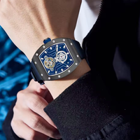 CHANCE 190-28 Montre-bracelet homme tendance noire étanche automatique mécanique avec aiguilles lumineuses bracelet en silicone cadran tonneau