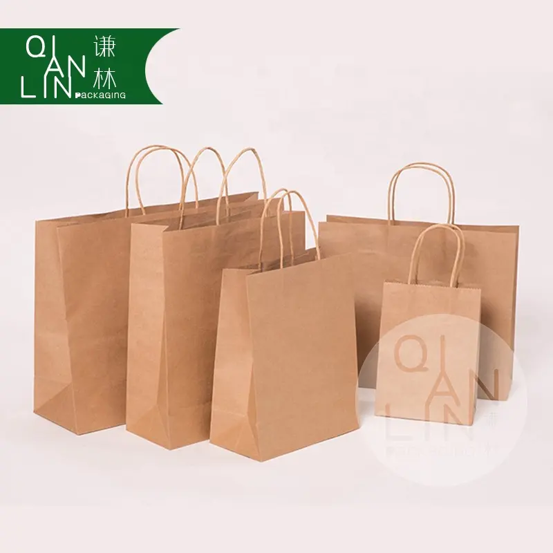 Al por mayor personalizado reciclable característica de embalaje de mango de compras marrón bolsas de papel Kraft