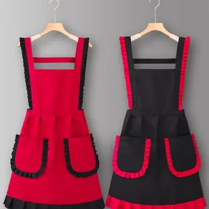 Custom Japanese Red And Black Bib Apron Dress With Black Stitching For Women