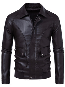 <span class=keywords><strong>Chaqueta</strong></span> de cuero de imitación informal a la moda para <span class=keywords><strong>hombre</strong></span>, <span class=keywords><strong>chaqueta</strong></span> ajustada de cuero para motocicleta con bolsillo y cremallera - Product Image 5