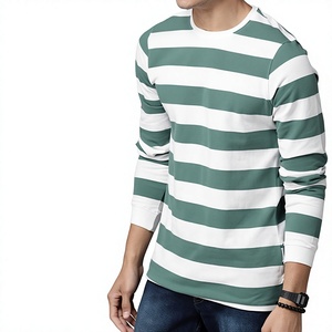 เสื้อยืดแขนยาวลายทางออกแบบพิเศษสำหรับผู้ชาย สีเขียวเซจ ผ้าฝ้ายย้อมเส้นด้าย รับผลิตตามสั่ง ขายส่ง BD - Product Image 1