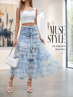 Jupe longue maxi en denim et résille style bohème pour femme - Jupes longues en tulle à volants avec ceinture tressée - Imprimé aquarelle élégant