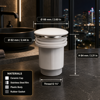Bonde de lavabo en céramique avec bouton poussoir, antibactérienne, facile à nettoyer, plusieurs couleurs et tailles disponibles