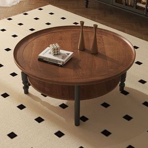 Mesa de centro redonda de madera maciza de estilo francés de 60 cm con estante de almacenamiento, muebles para sala de estar - Product Image 3