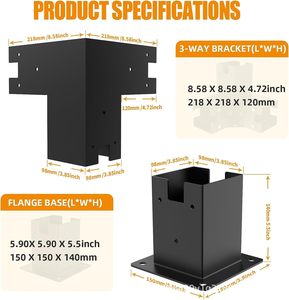 Kit de supports de pergola 4x4 pouces, supports d'angle à 90 degrés à 3 voies avec ancrage de base pour poteau, pour pergola de patio et gazebo - Product Image 5