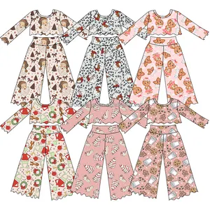 Boutique Kids Girls Clothing Set Custom <strong>Christmas</strong> Santa Print <strong>Baby</strong> Long Sleeve Lettuce Shirts and Wide Leg Pants <strong>Outfits</strong> - Product Image 1